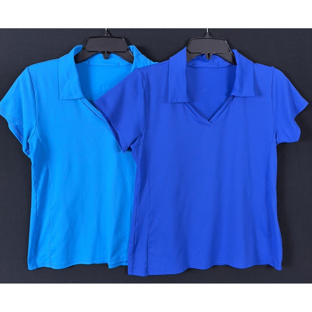 Lot of 2 Dona Jo Women's Aim Polo Shirts - Blue & Aqua - Size 2 (Large)